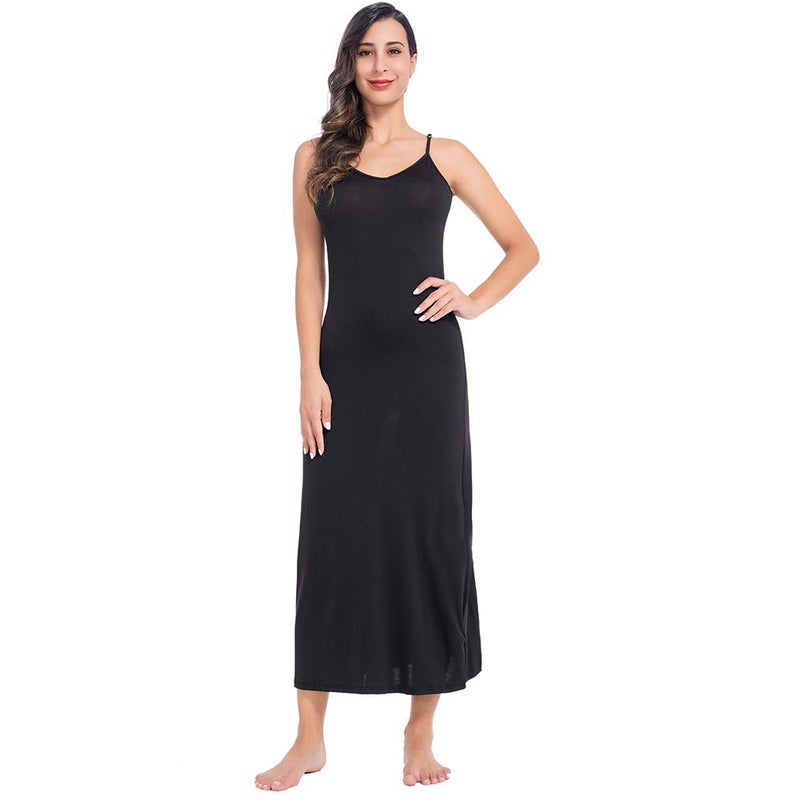 MANCYFIT Long Slips for Under Dresses Full Length Adjustable Spaghetti Strap Nightgown (Black, X-Large(US 16-18)) - Image 1